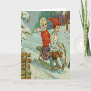 Cartes Pour Fêtes Annuelles Enfants vintages Sledding l'amusement de plantes