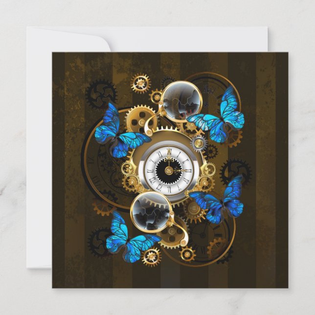 Cartes Pour Fêtes Annuelles Engrenages à vapeur et papillons bleus (Devant)