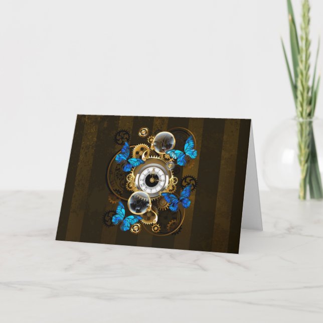 Cartes Pour Fêtes Annuelles Engrenages à vapeur et papillons bleus (Devant)