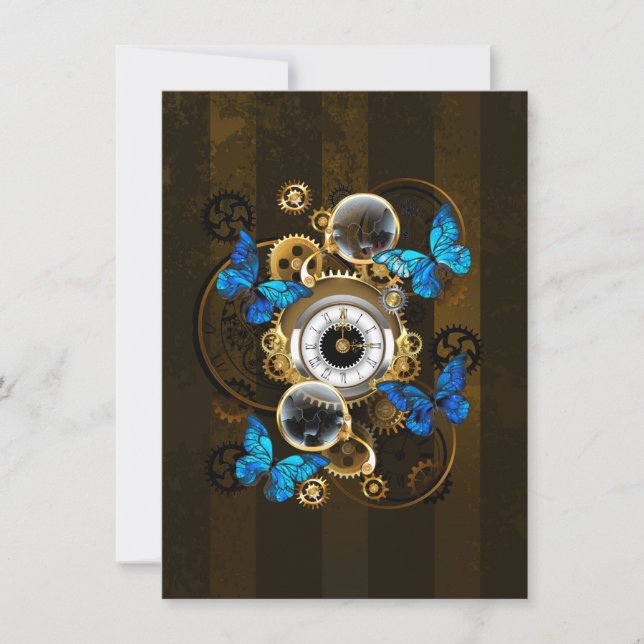 Cartes Pour Fêtes Annuelles Engrenages à vapeur et papillons bleus (Devant)