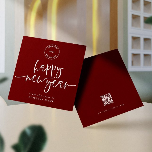 Cartes Pour Fêtes Annuelles Entreprise Bonne Année Logo QR Code Bourgogne (Front and back view)