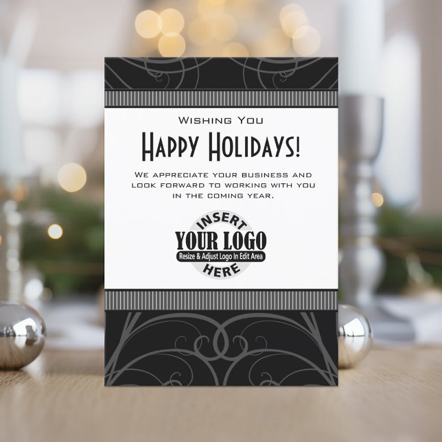 Cartes Pour Fêtes Annuelles Entreprise ou bureau - logo - noir blanc art déco (Holiday Invitation for Business - Add Your Logo)