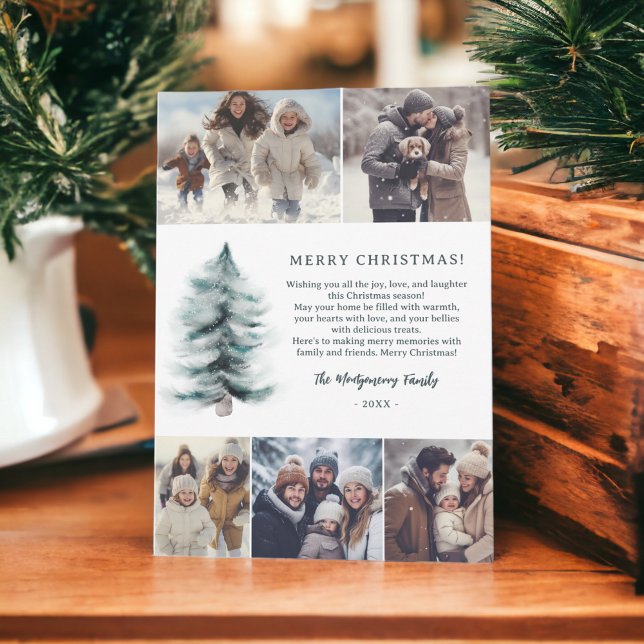 Cartes Pour Fêtes Annuelles Épinettes enneigées d'hiver Bleu rustique Noël 5 p (Rustic Blue Winter snowy Pines Christmas 5 photos Holiday Card)
