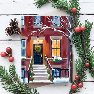 Cartes Pour Fêtes Annuelles Escalier de la ville enneigée Aquarelle d'hiver