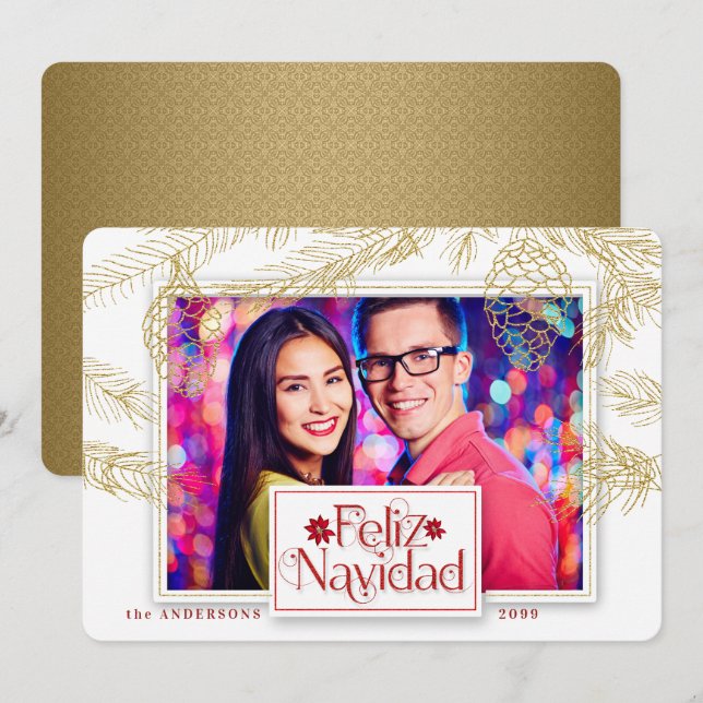 Cartes Pour Fêtes Annuelles Espagnol Feliz Navidad in Gold Christmas Photo (Devant / Derrière)