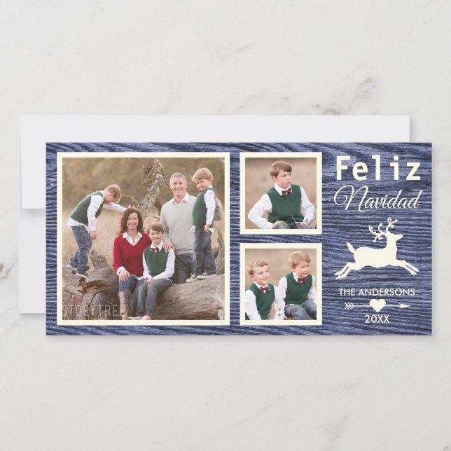 Cartes Pour Fêtes Annuelles Espagnol Russe Rindeer en Bois Bleu Navidad Photo (Devant)
