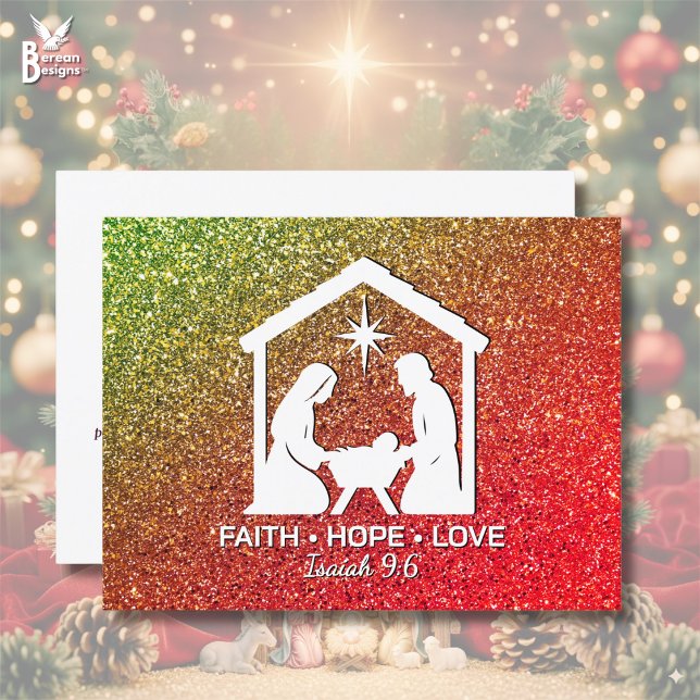 Cartes Pour Fêtes Annuelles ESPOIR FOI AMOUR Parties scintillant chrétienne No (Stylish red green glitter Christian Christmas Nativity postcard with FAITH HOPE LOVE. Customizable.)