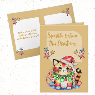 Cartes Pour Fêtes Annuelles Étincelle ce chat mignon de Noël étoiles or