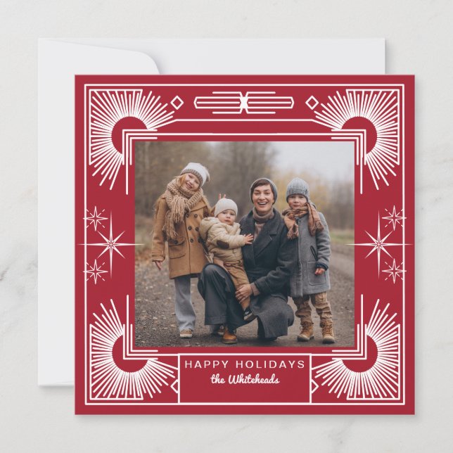 Cartes Pour Fêtes Annuelles Étoile Art Déco Photo Joyeuses Fêtes Rouge (Devant)