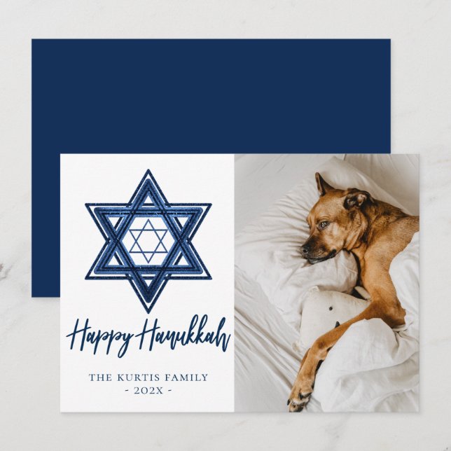 Cartes Pour Fêtes Annuelles Étoile de David | Photo Hanoukka moderne bleu clas (Devant / Derrière)