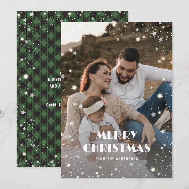 Cartes Pour Fêtes Annuelles Étoiles de neige Plaid Buffalo Vert Photo Noël (Devant / Derrière)