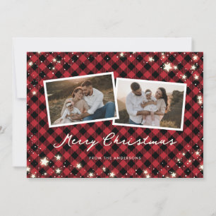 Cartes Pour Fêtes Annuelles Étoiles de neige Script Red Plaid 2 Photo Noël