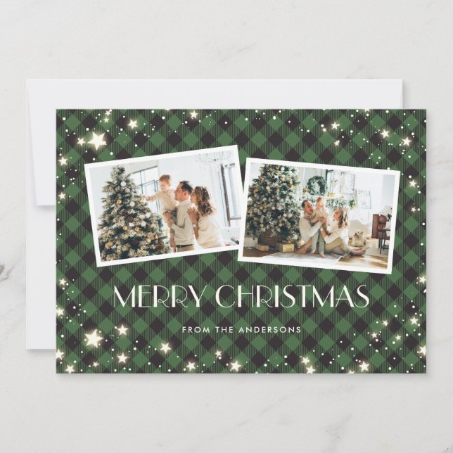 Cartes Pour Fêtes Annuelles Étoiles de neige Vert Plaid Photo Joyeux Noël (Devant)