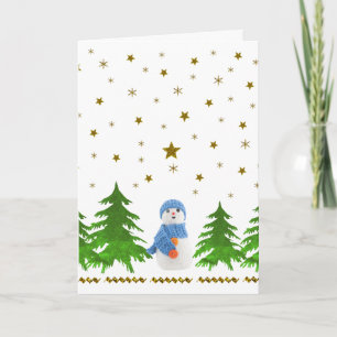 Cartes Pour Fêtes Annuelles étoiles d'or brillant, bonhomme de neige et arbre 