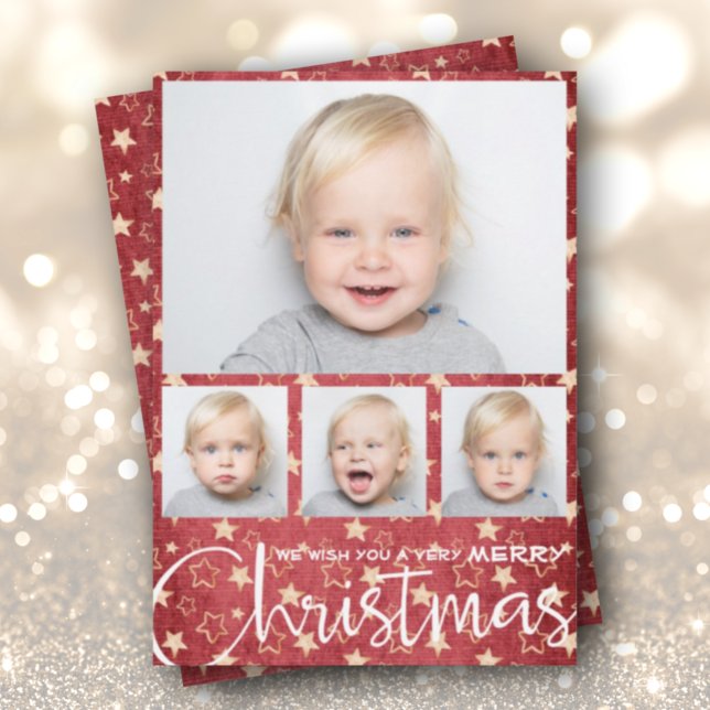 Cartes Pour Fêtes Annuelles Étoiles d'or sur Red Multiple Photo Noël (Créateur téléchargé)