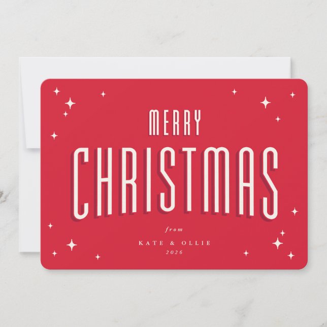 Cartes Pour Fêtes Annuelles Étoiles Rétro Joyeux Noël Rouge Clair Plat (Devant)