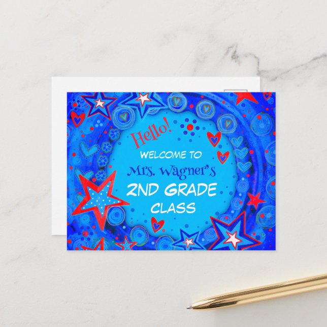 Cartes Pour Fêtes Annuelles Étoiles Rouge Blanc Bleu Retour À L'École Étudiant (Devant/Arrière en situation)