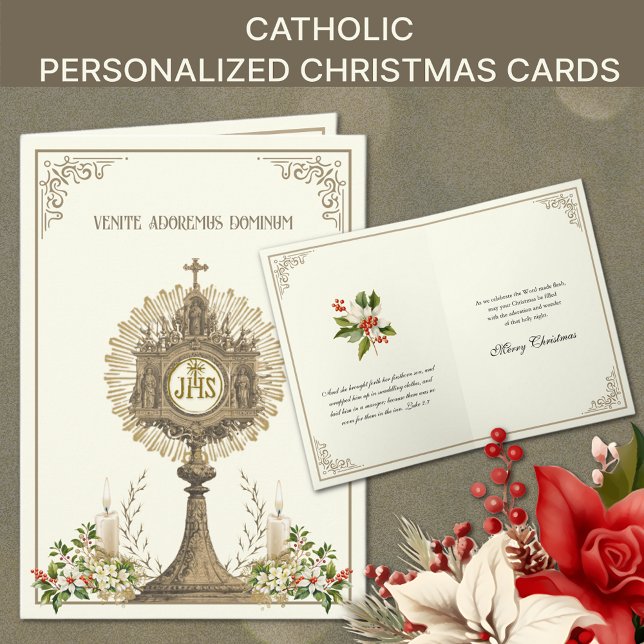 Cartes Pour Fêtes Annuelles Eucharistie catholique de Noël Poinsettia Floral (Traditional Catholic Religious Christmas Cards with Eucharist and Poinsettias)