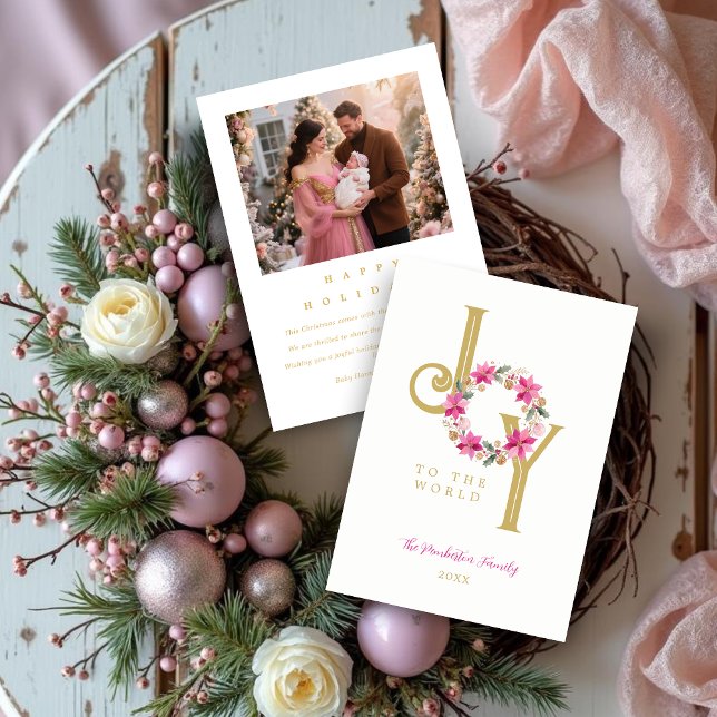 Cartes Pour Fêtes Annuelles Exquisite Hot Pink Tones & Gold Christmas Wreath (Exquisite Hot Pink Tones and Faux Gold Christmas Wreath Holiday Cards with Back Photo.)