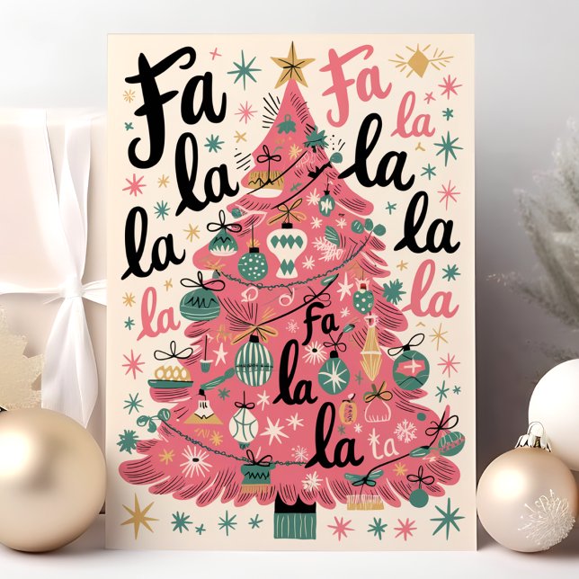 Cartes Pour Fêtes Annuelles Fa La La Pink Arbre de Noël rétro (Créateur téléchargé)