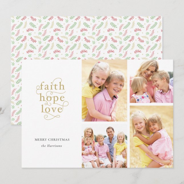 Cartes Pour Fêtes Annuelles Faith Hope Love 4-Photo Collage Famille Noël (Devant / Derrière)