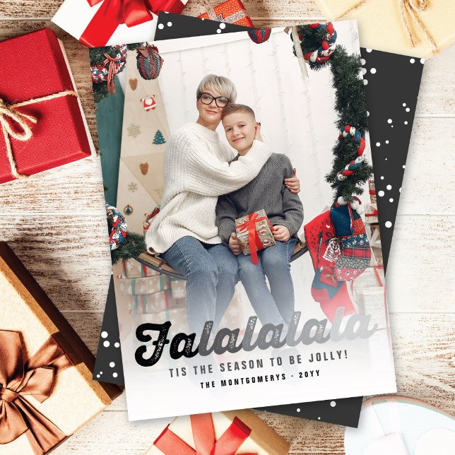 Cartes Pour Fêtes Annuelles Falalala Black Ombre Script amusant Photo de Noël (Créateur téléchargé)