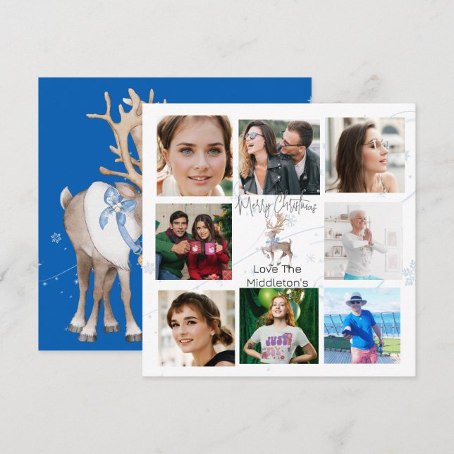 Cartes Pour Fêtes Annuelles Famille de Noël Collage photo Blue Deer (Devant / Derrière)