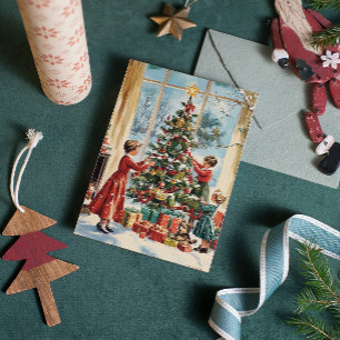 Cartes Pour Fêtes Annuelles Famille Décorant l'Arbre Noël Vintage Rétro Christ