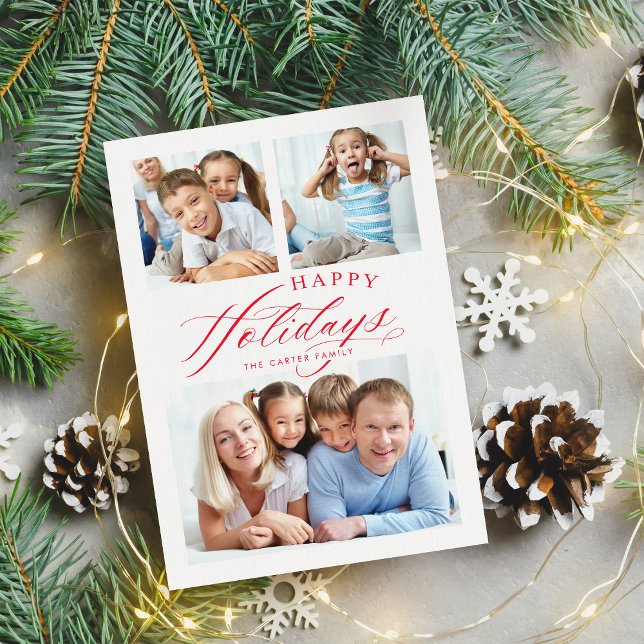 Cartes Pour Fêtes Annuelles FAMILLE MULTI PHOTO Happy Holidays calligraphie ro (Créateur téléchargé)