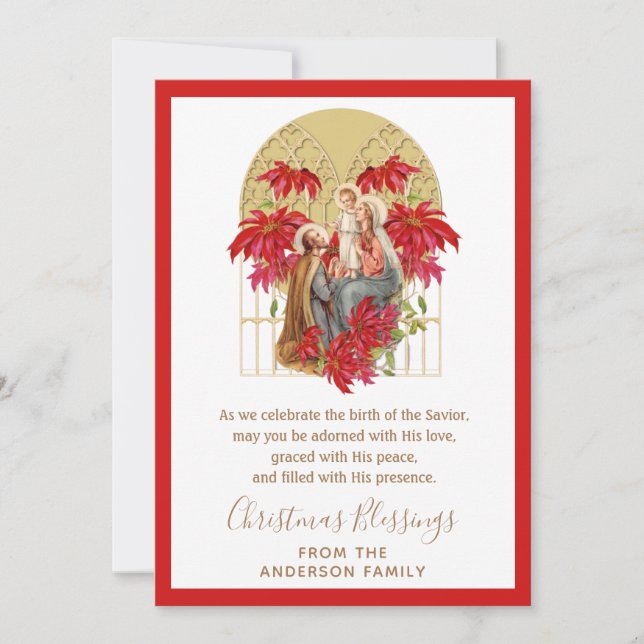Cartes Pour Fêtes Annuelles Famille sainte de Noël religieuse Poinsettia  (Devant)