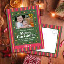 Family Christmas Stripe Photo Holiday Postcard