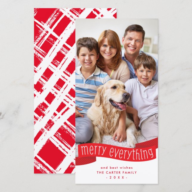 Cartes Pour Fêtes Annuelles FAMILY PHOTO merry everything ribbon red  (Devant / Derrière)