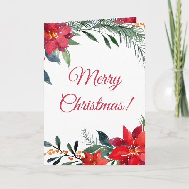Cartes Pour Fêtes Annuelles Fancy Rouge Poinsettia Calligraphie de verdure (Devant)