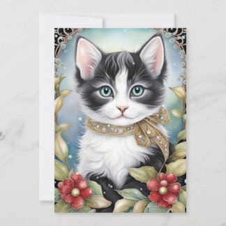Cartes Pour Fêtes Annuelles Fancy Tuxedo Chat Winter Flora Frame