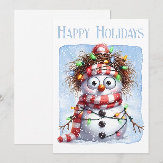 Cartes Pour Fêtes Annuelles Fantastique Snowman lumières de Noël hiver (Devant / Derrière)