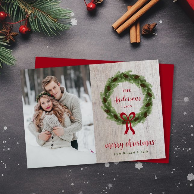 Cartes Pour Fêtes Annuelles Farmhouse Pine Wreath Joyeux Noël Photo (Créateur téléchargé)