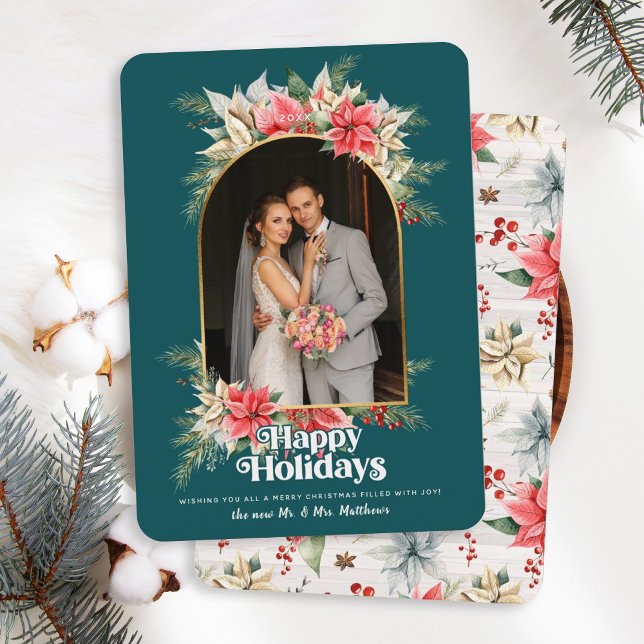 Cartes Pour Fêtes Annuelles Farmhouse Poinsettia Newlywed Arched Wedding Photo (Créateur téléchargé)