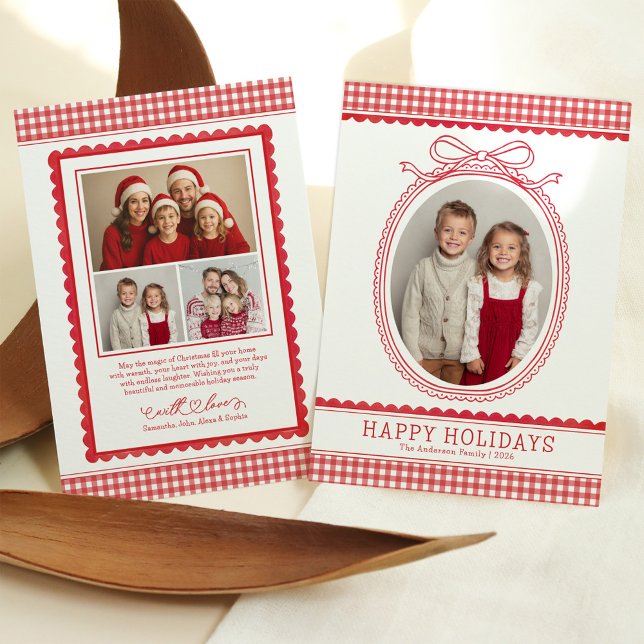 Cartes Pour Fêtes Annuelles Farmhouse Red Gingham Bow Christmas Holiday Photo (Créateur téléchargé)