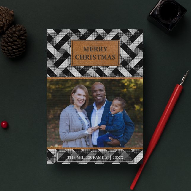 Cartes Pour Fêtes Annuelles Faux Brown Cuir noir Buffle Plaid Noël (Créateur téléchargé)