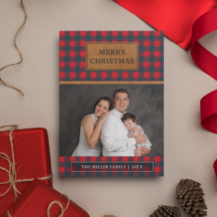 Cartes Pour Fêtes Annuelles Faux Brown Cuir Rouge Buffle Plaid Noël