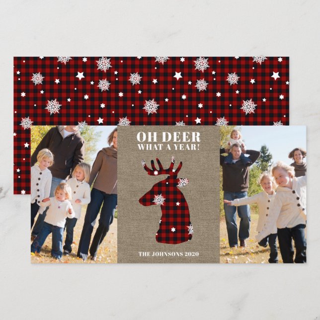 Cartes Pour Fêtes Annuelles Faux de neige amusant et plaid Oh Deer Photo (Devant / Derrière)