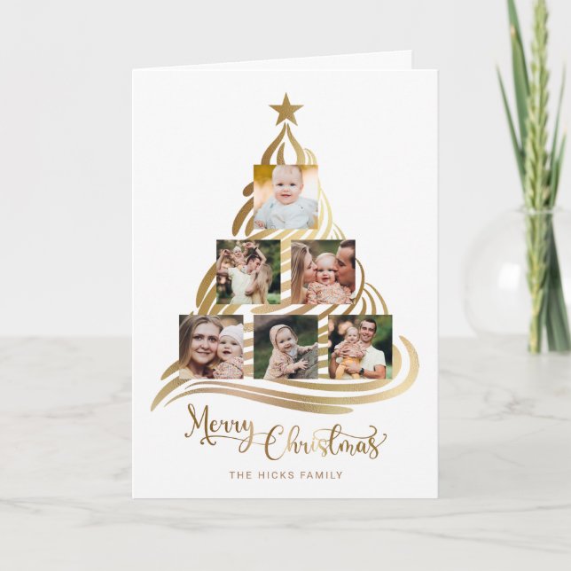 Cartes Pour Fêtes Annuelles Faux Gold Christmas Tree Famille Multiphoto (Devant)