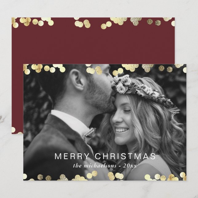 Cartes Pour Fêtes Annuelles Faux Gold Confetti Joyeux Noël Photo Rouge (Devant / Derrière)