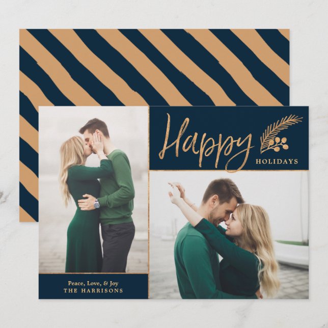 Cartes Pour Fêtes Annuelles Faux Gold Foil Elégant Happy Photo | Marine (Devant / Derrière)