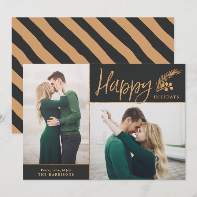 Cartes Pour Fêtes Annuelles Faux Gold Foil Elégant Happy Photo | Noir (Devant / Derrière)