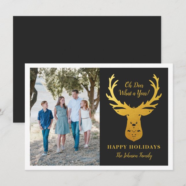Cartes Pour Fêtes Annuelles Faux Gold Foil Reindeer Oh Deer Photo (Devant / Derrière)