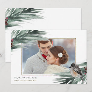 Cartes Pour Fêtes Annuelles Faux Gold Frame Joyeux Vacances Hiver Verdure