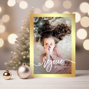 Cartes Pour Fêtes Annuelles Faux Gold Rejoice   Script de Noël avec photo