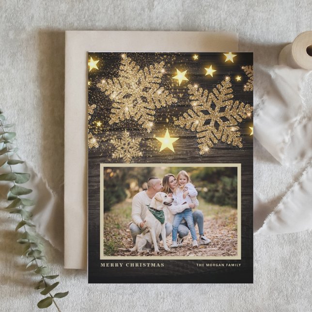 Cartes Pour Fêtes Annuelles Faux Wood Gold Parties scintillant Snowflakes Phot (Créateur téléchargé)