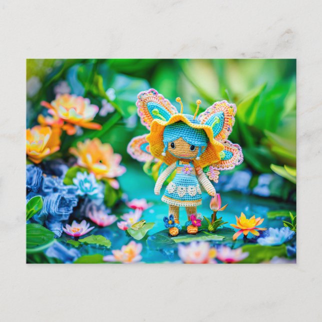 Cartes Pour Fêtes Annuelles Fée Crochetée avec Fleurs Bleues (Devant)